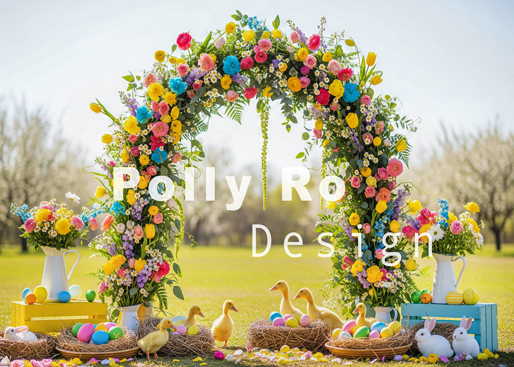 Avezano Rainbow Floral Arch with Ducklings Easter Bunny Photography Backdrop Designed By Polly Ro Design