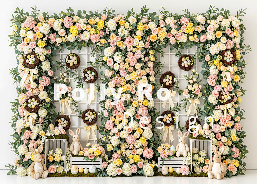 Avezano Pink Yellow White Floral Wall with Easter Bunny Photography Backdrop Designed By Polly Ro Design