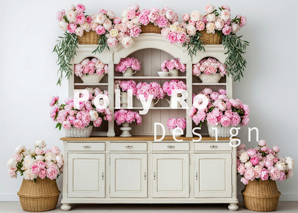 Avezano White Vintage Cabinet with Pink White Peony Floral Photography Backdrop Designed By Polly Ro Design
