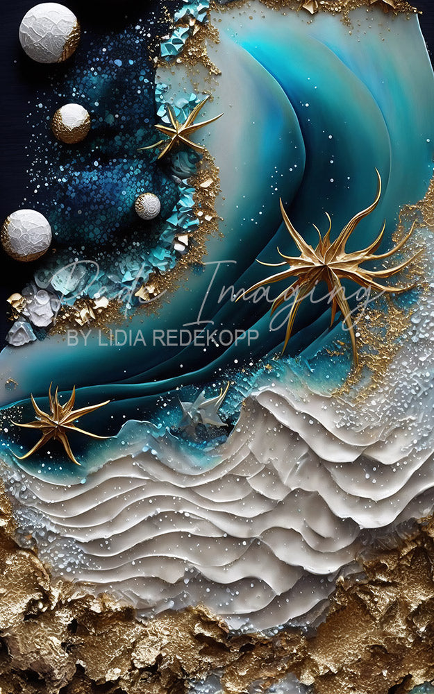 Avezano Teal Gold Starfish Ocean Wave Photography Backdrop Designed By Lidia Redekopp