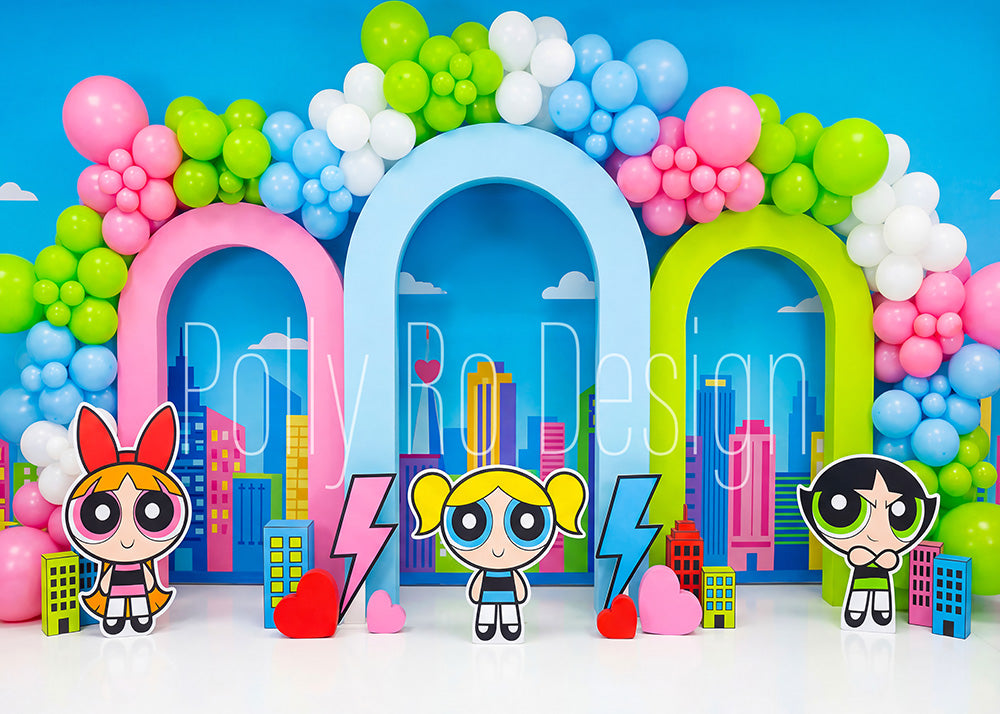 Avezano Powerpuff Girls Cityscape Heart Photography Backdrop Designed By Polly Ro Design