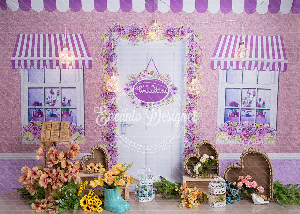 Avezano Purple Floral Shopfront Flower Wreath Photography Background By Encanto Designer