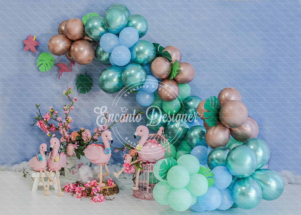 Avezano Tropical Flamingo Teal Gold Balloon Photography Background By Encanto Designer