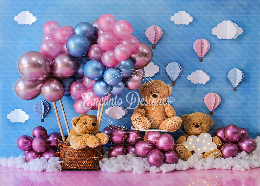 Avezano Hot Air Balloon and Teddy Bear Dreamy Sky Photography Background By Encanto Designer