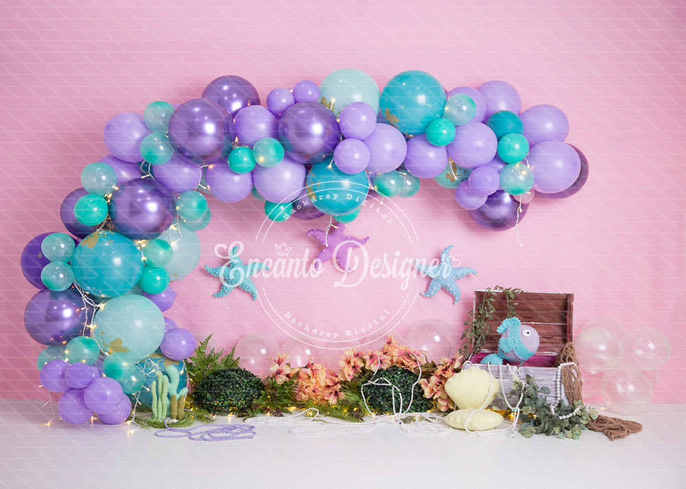 Avezano Mermaid Purple and Teal Balloon Arch Photography Background By Encanto Designer