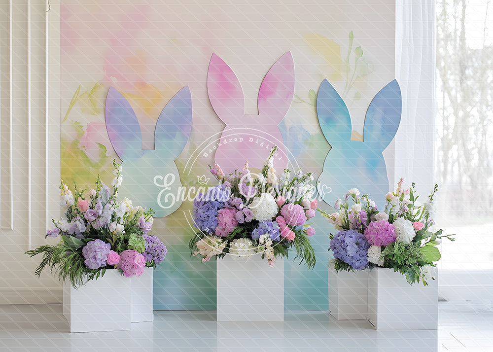 Avezano Watercolor Bunny Ears Hydrangea Easter Photography Background By Encanto Designer