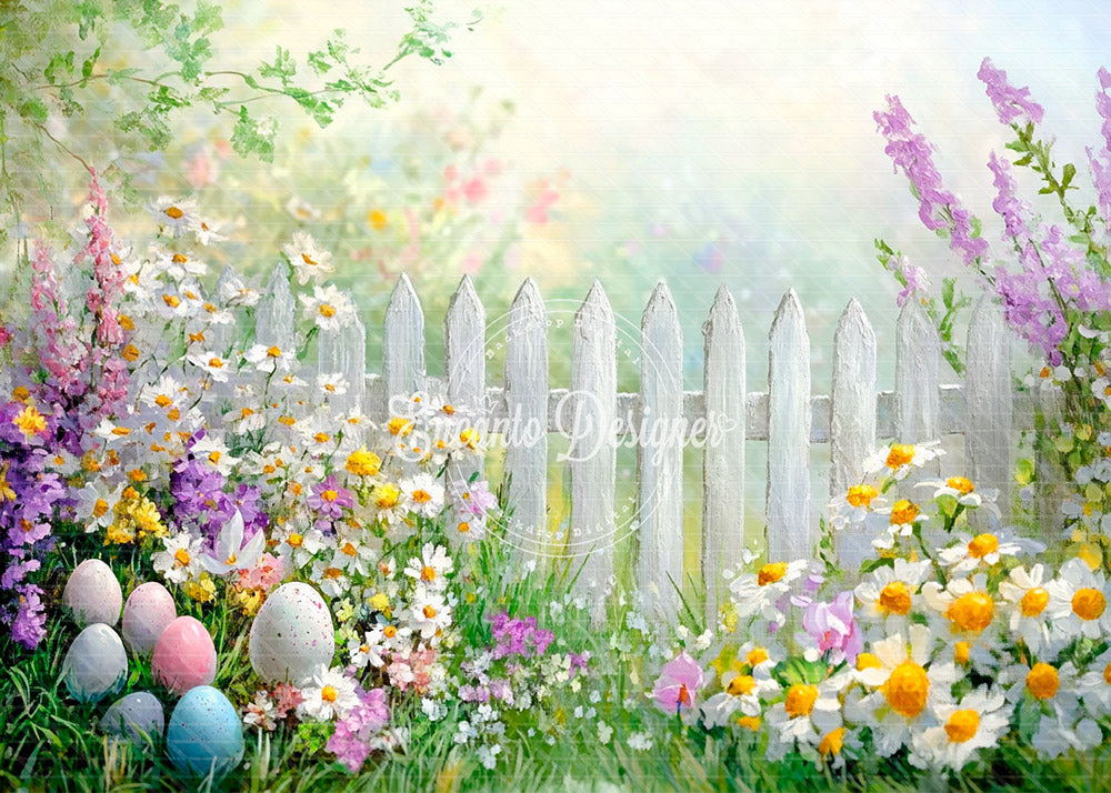 Avezano Watercolor Easter Egg Garden Fence Photography Background By Encanto Designer