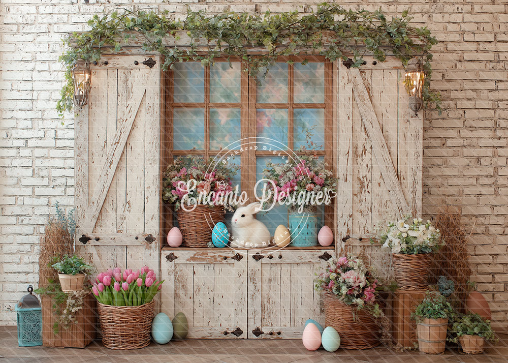 Avezano Rustic Easter Bunny Window Floral Photography Background By Encanto Designer