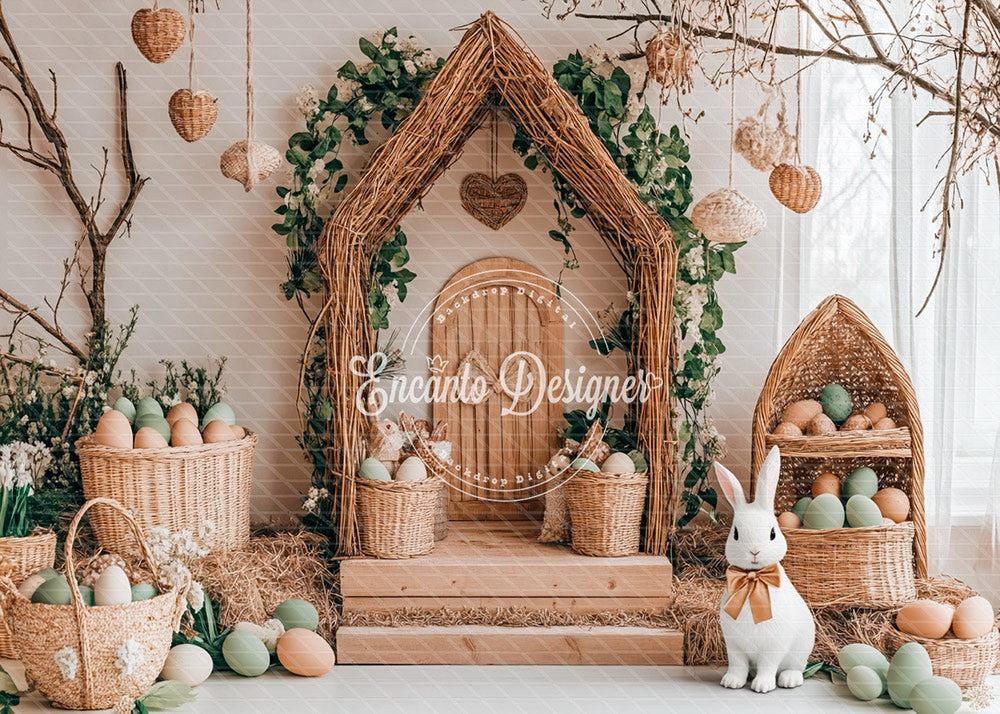 Avezano Boho Wicker Easter Bunny Cottage Photography Background By Encanto Designer