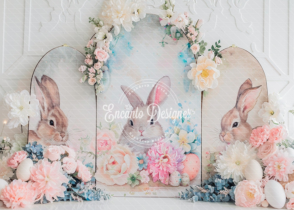 Avezano Watercolor Bunny Floral Arch Easter Photography Background By Encanto Designer