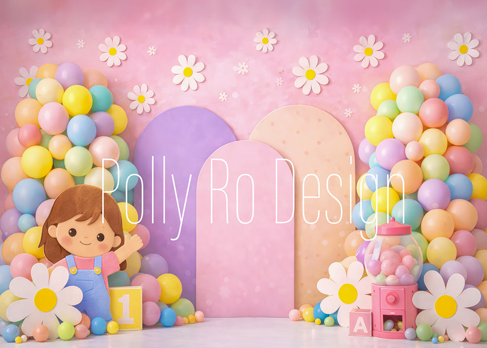 Avezano Pastel Balloon Daisy Girl 1st Birthday Photography Backdrop Designed By Polly Ro Design