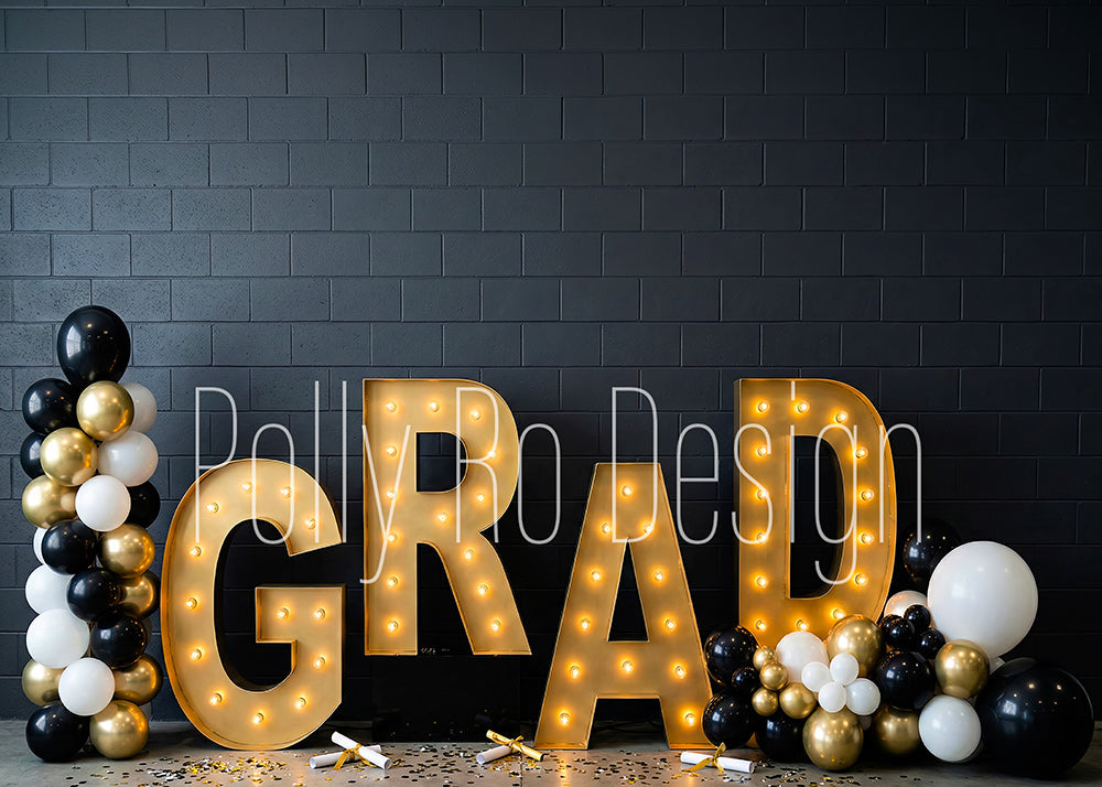 Avezano Gold GRAD Marquee Graduation Photography Backdrop Designed By Polly Ro Design