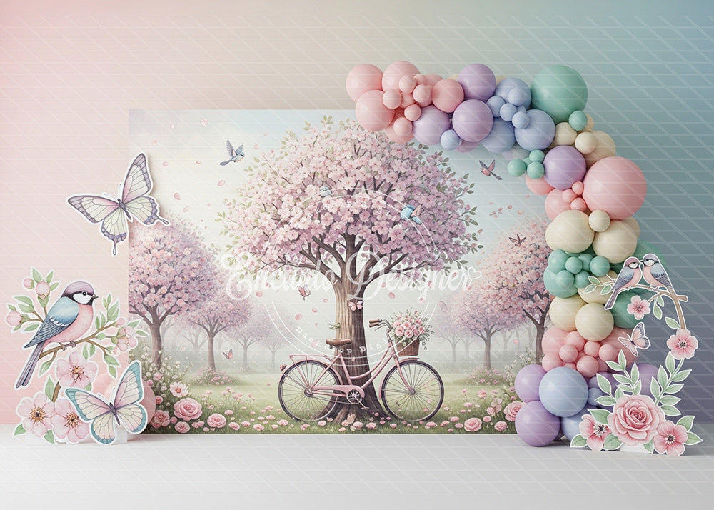 Avezano Cherry Blossom Bicycle Butterfly Pastel Photography Background By Encanto Designer