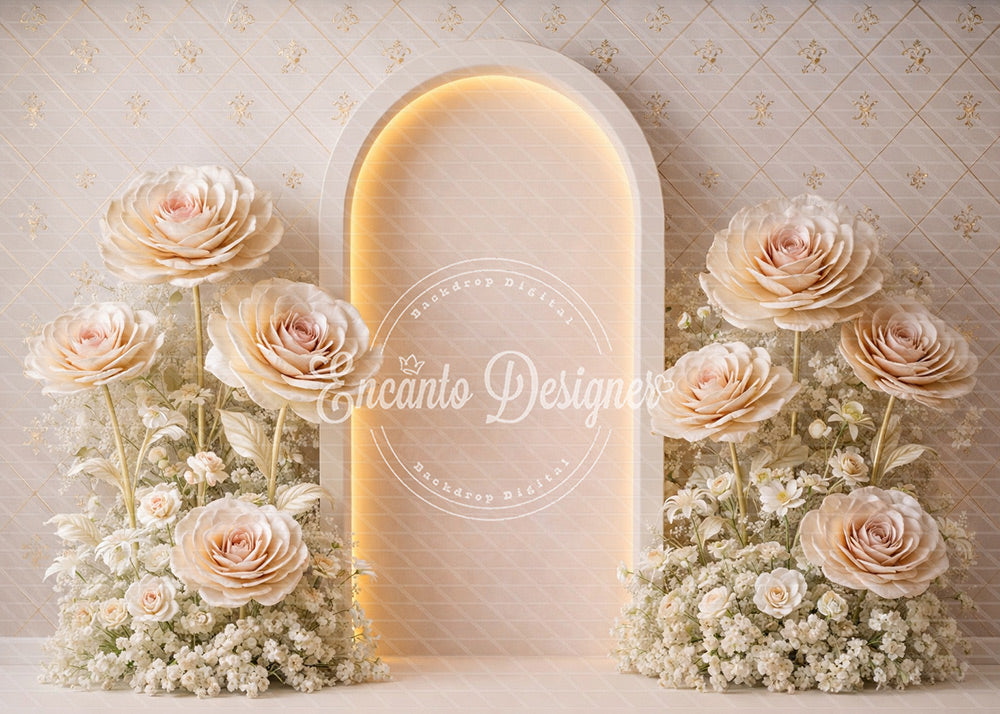 Avezano Beige Floral Neon Arch Photography Background By Encanto Designer
