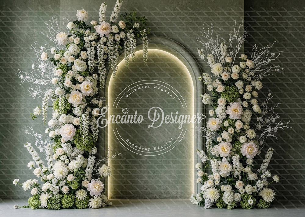 Avezano Sage Green White Floral Neon Arch Photography Background By Encanto Designer