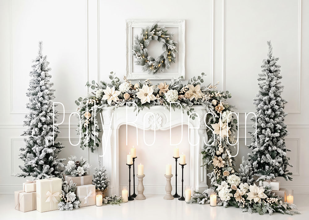 Avezano White Fireplace Floral Christmas Photography Backdrop Designed By Polly Ro Design