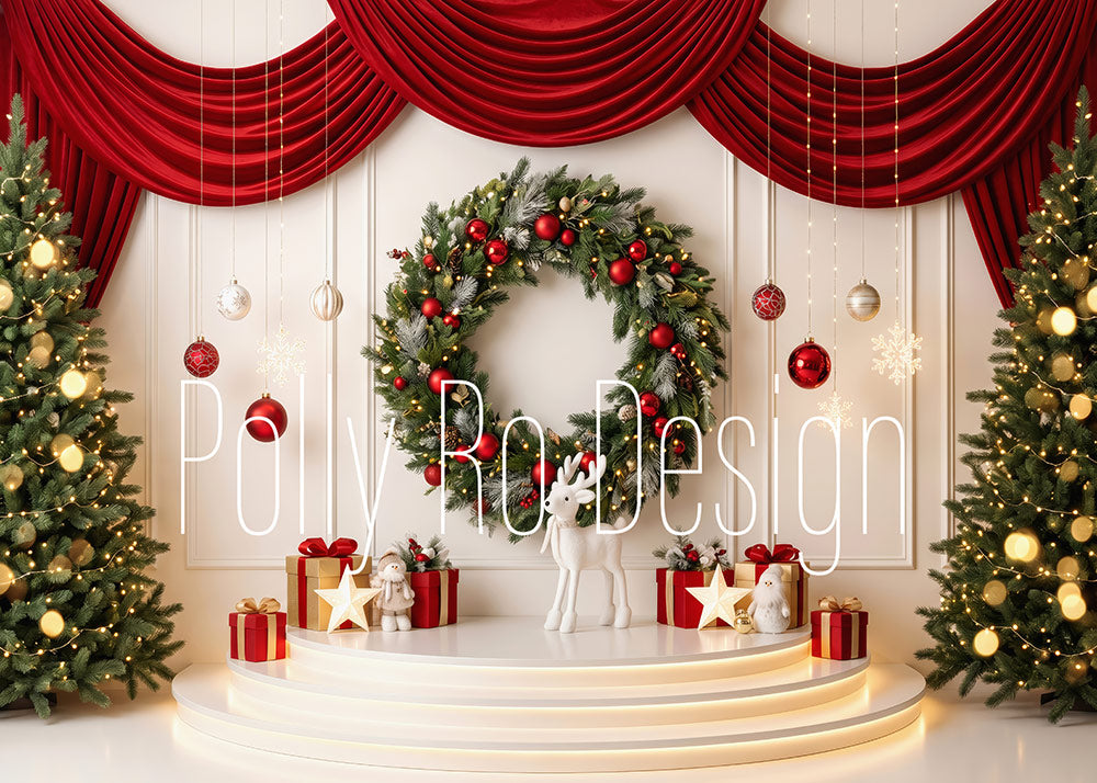 Avezano Red Curtain Christmas Wreath Stage Photography Backdrop Designed By Polly Ro Design