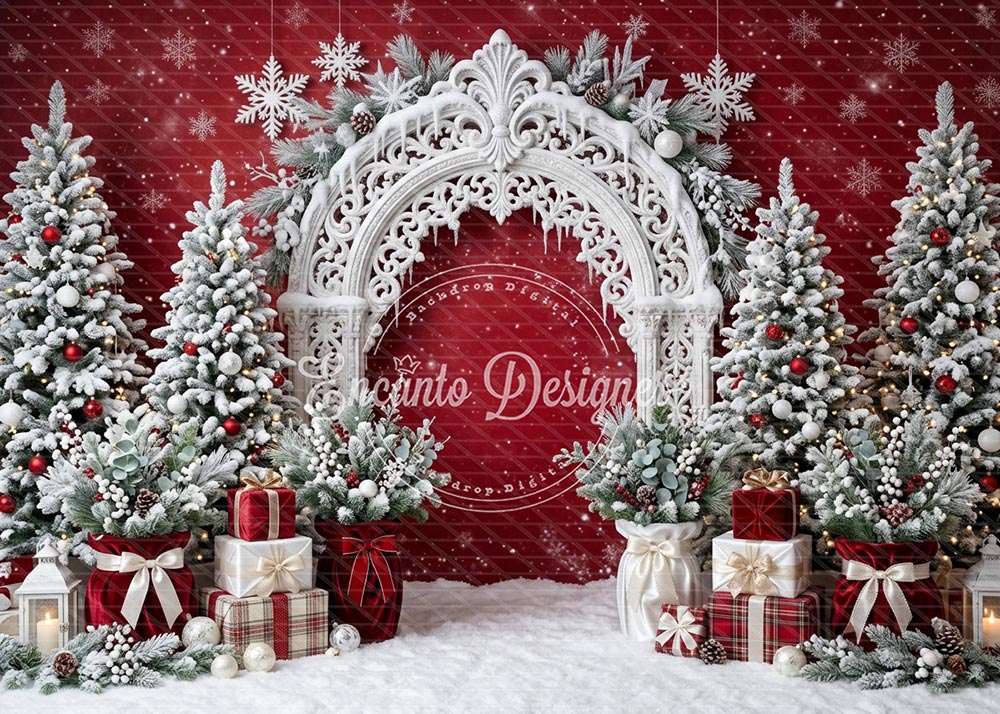 Avezano White Lace Arch Red Snowflake Christmas Photography Background By Encanto Designer
