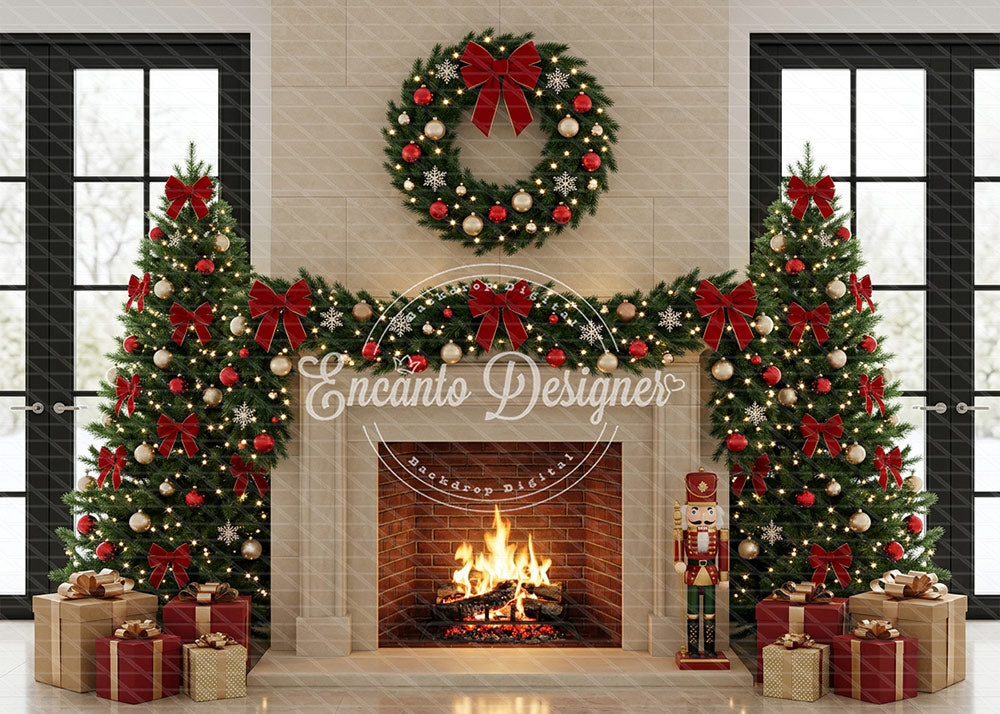 Avezano Nutcracker Red Bow Fireplace Xmas Photography Background By Encanto Designer