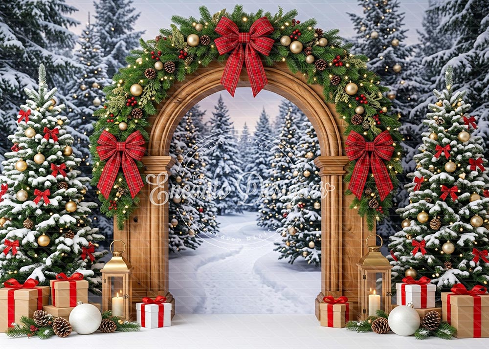 Avezano Wood Arch Plaid Bow Forest Christmas Photography Background By Encanto Designer