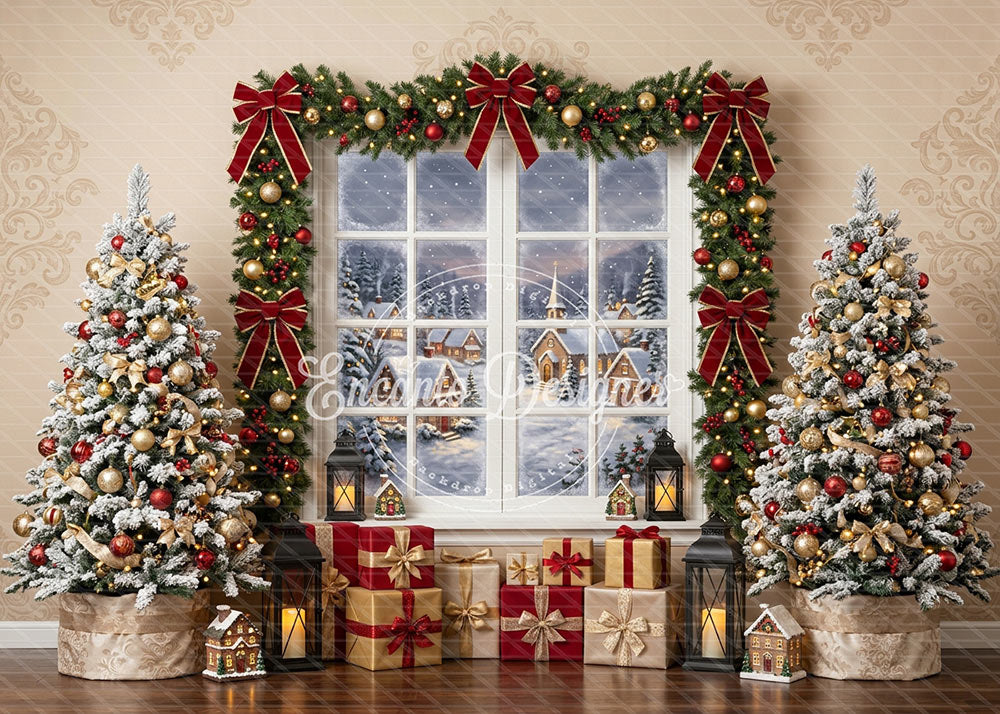 Avezano Red Bow Village Window Christmas Photography Background By Encanto Designer