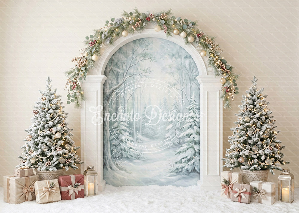 Avezano White Arch Snowy Forest Christmas Photography Background By Encanto Designer