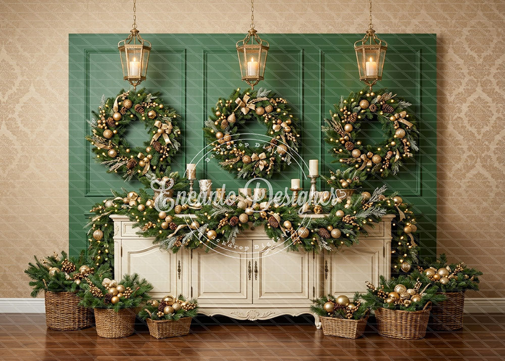 Avezano Green Wall Gold Wreath Xmas Photography Background By Encanto Designer