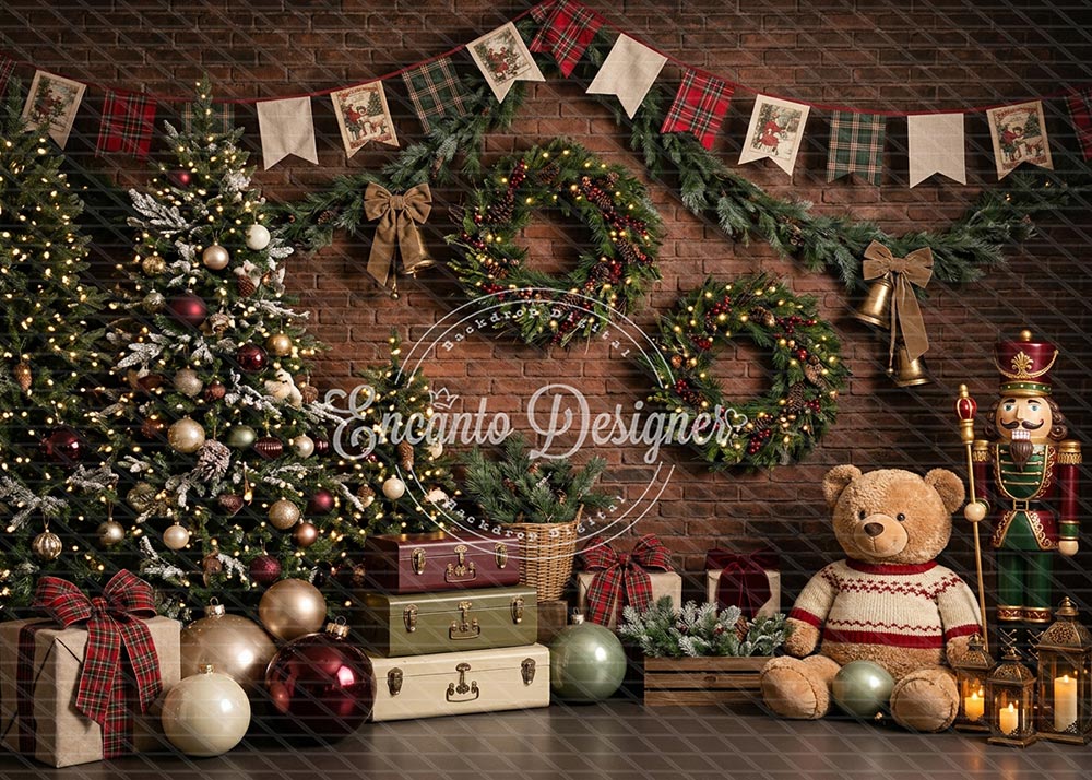 Avezano Brick Wall Bunting Teddy Christmas Photography Background By Encanto Designer
