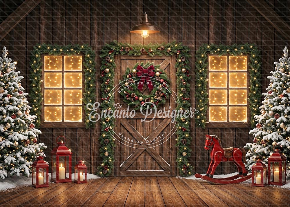 Avezano Wood Barn Rocking Horse Xmas Photography Background By Encanto Designer