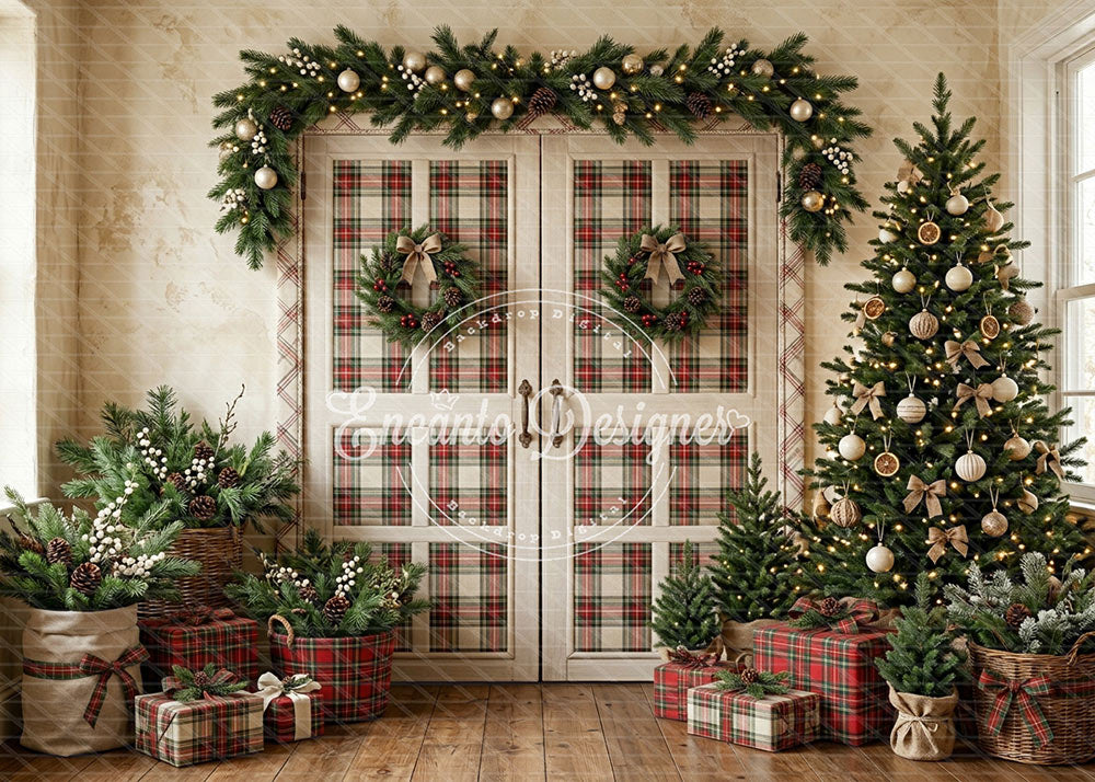Avezano Red Plaid White Barn Door Christmas Photography Background By Encanto Designer