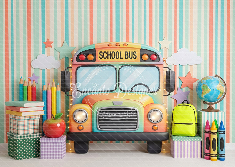 Avezano Colorful School Bus Striped Photography Background By Encanto Designer