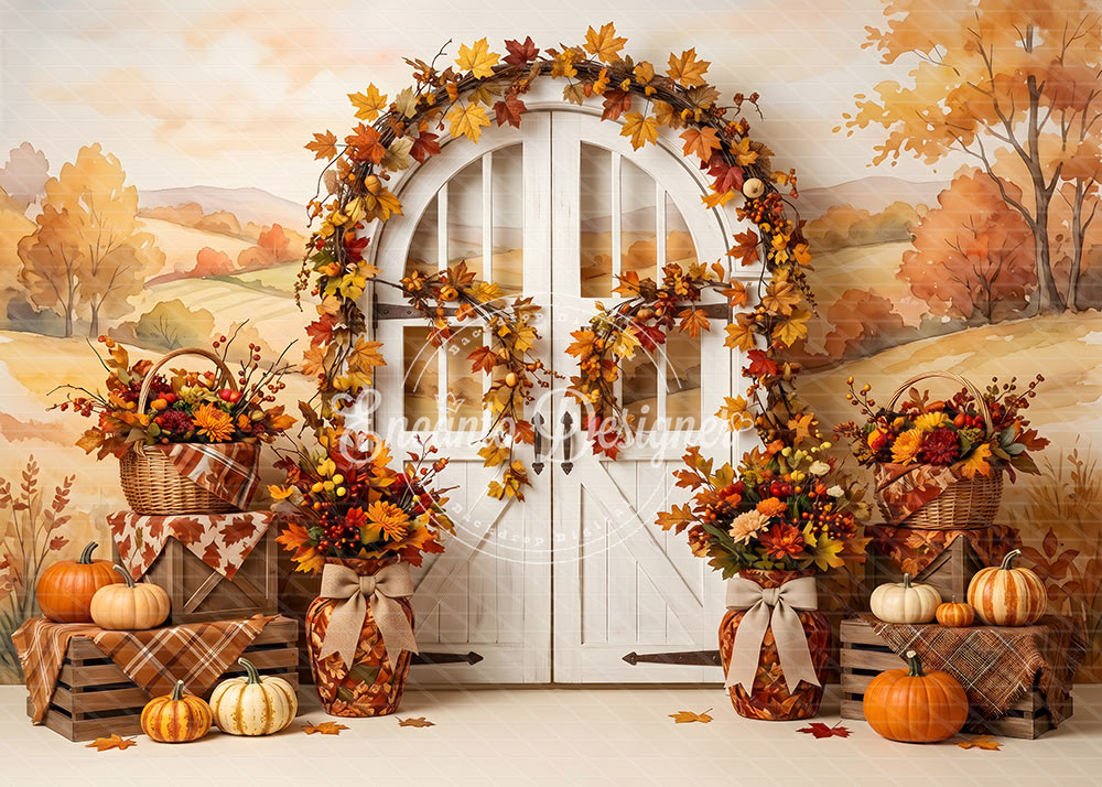 Avezano White Arched Door Watercolor Fall Photography Background By Encanto Designer