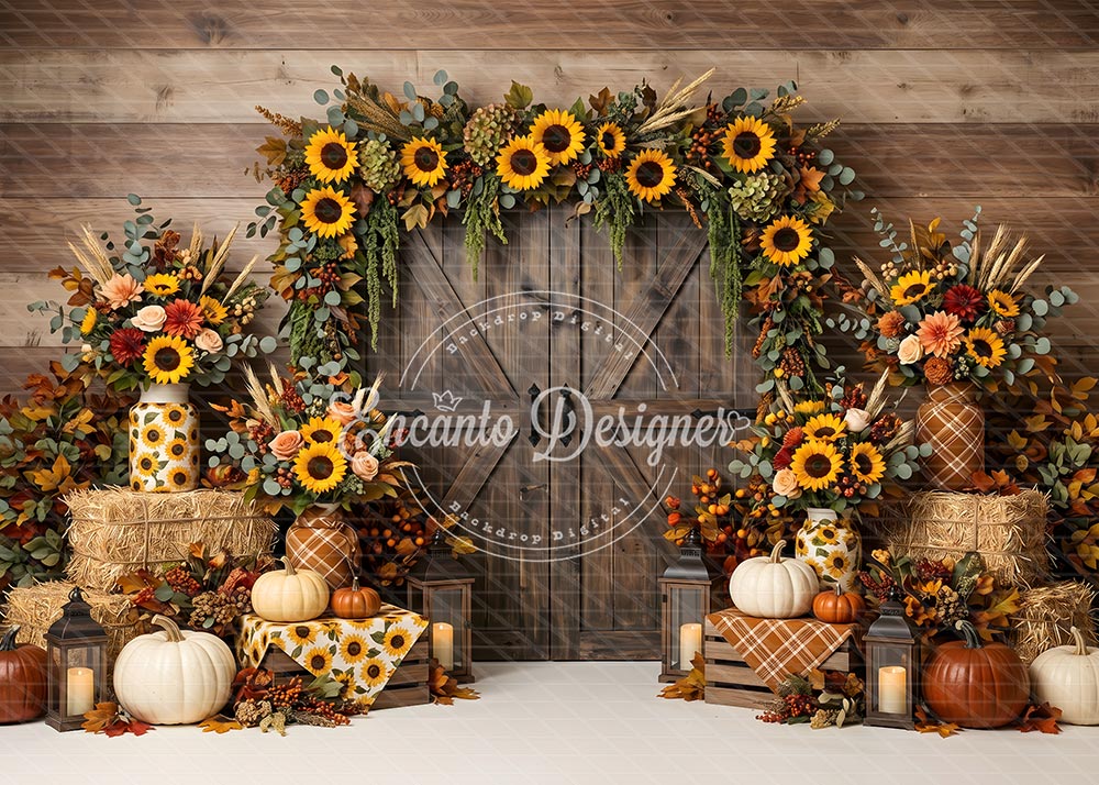 Avezano Sunflower Barn Door Hay Bale Photography Background By Encanto Designer