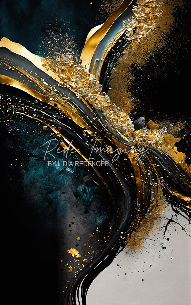 Avezano Dark Teal Gold Swirl Paint Photography Backdrop Designed By Lidia Redekopp