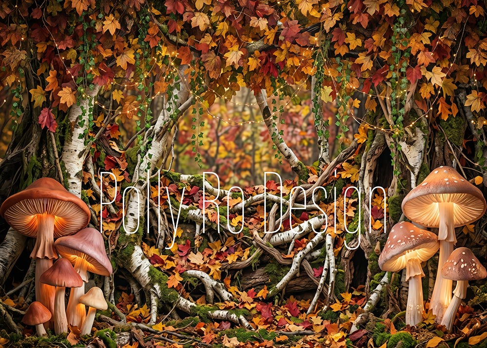 Avezano Autumn Forest Glowing Mushroom Birch Tree Photography Backdrop Designed By Polly Ro Design
