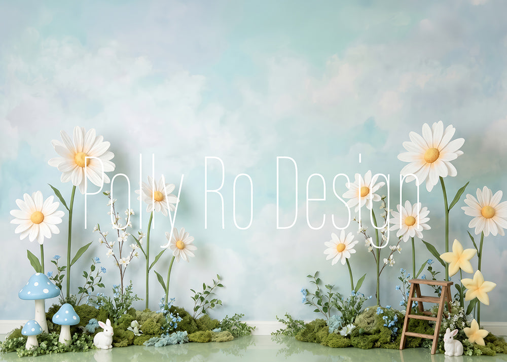 Avezano Blue Sky Daisy Rabbit Mushroom Spring Photography Backdrop Designed By Polly Ro Design