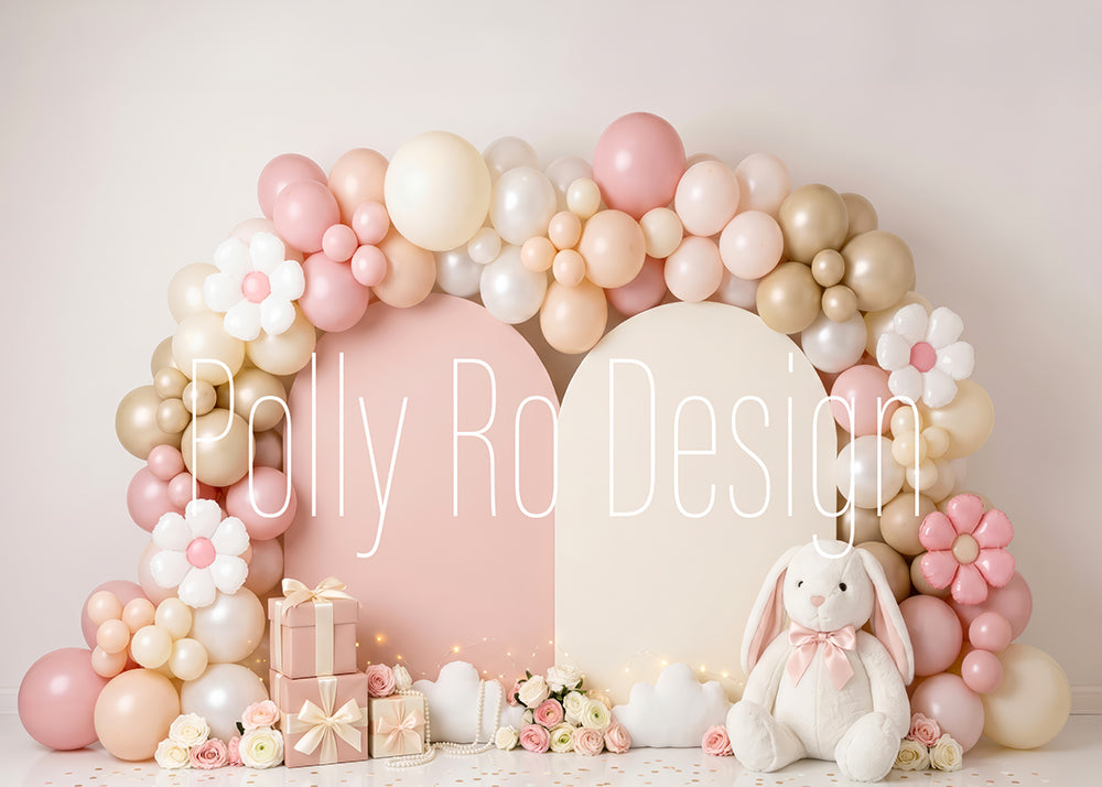 Avezano Blush White Rabbit Floral Balloon Arch Photography Backdrop Designed By Polly Ro Design