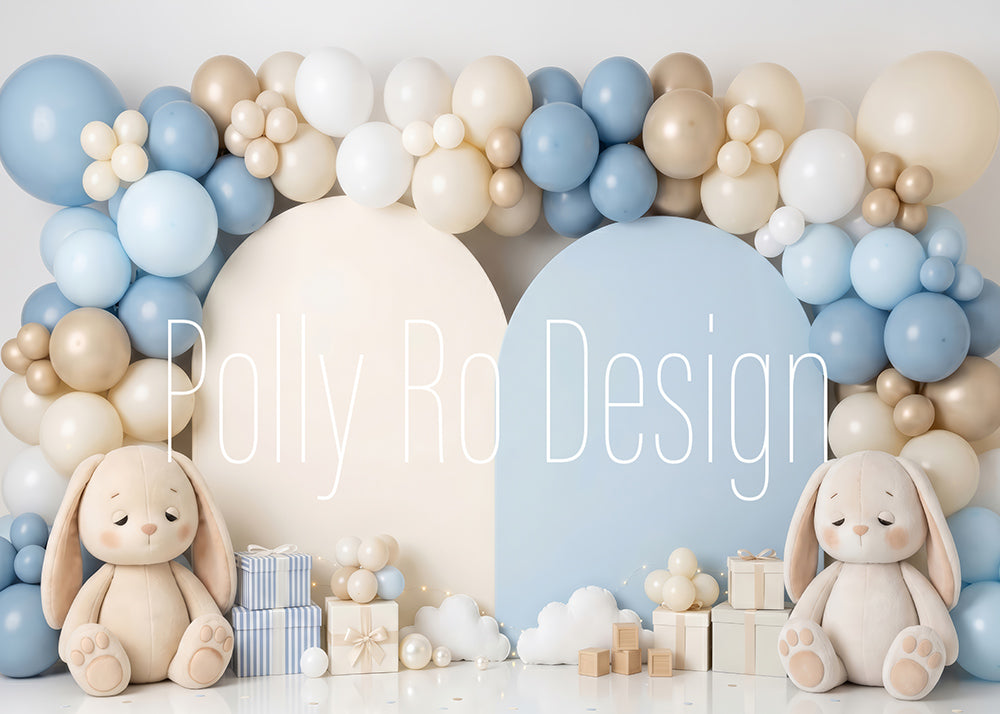Avezano Blue Beige Twin Bunny Balloon Arch Photography Backdrop Designed By Polly Ro Design
