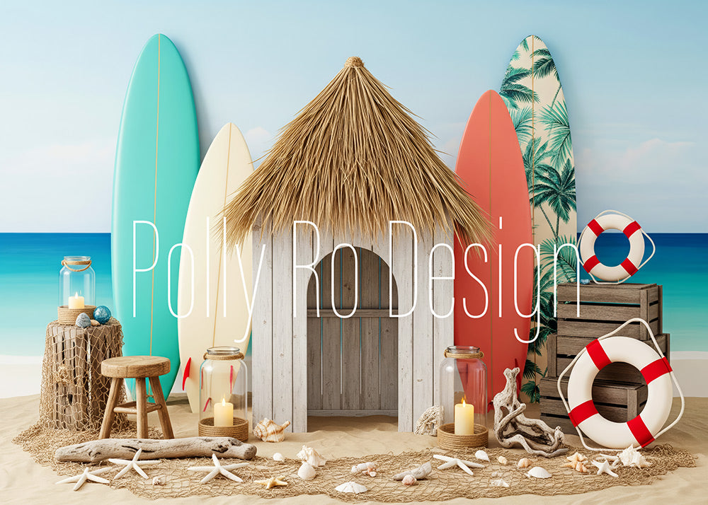 Avezano Beach Hut Surfboard Summer Ocean Photography Backdrop Designed By Polly Ro Design
