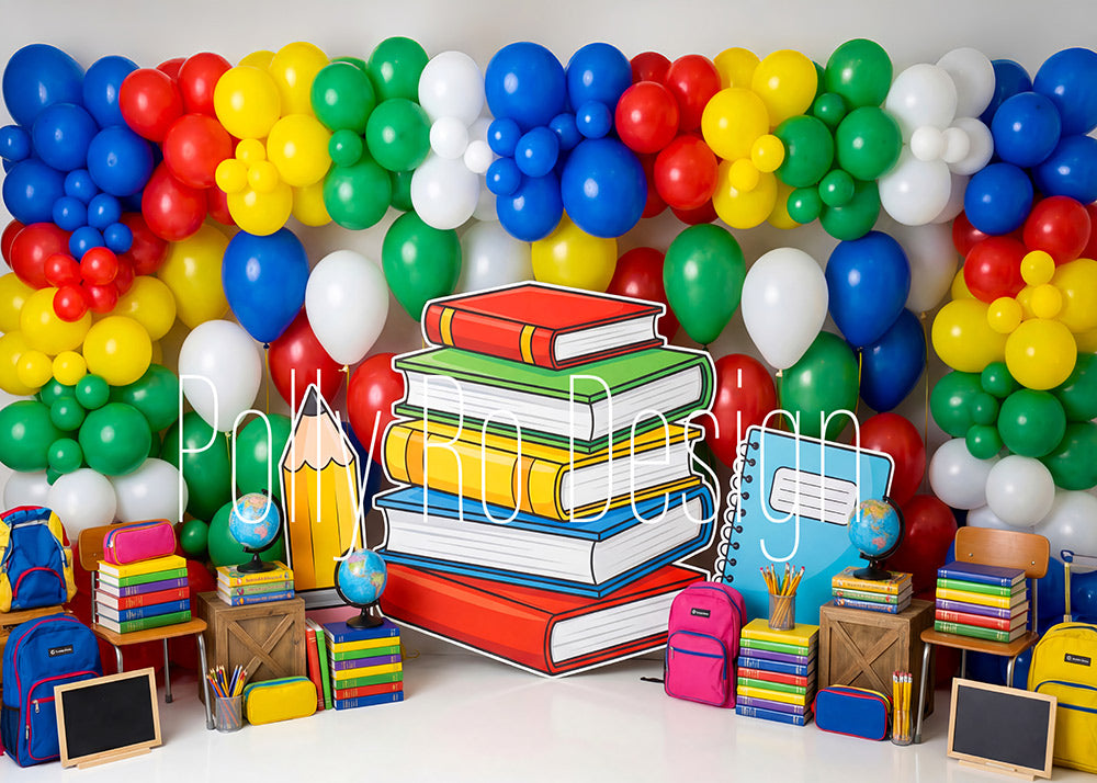 Avezano Colorful Book Stack School Balloon Photography Backdrop Designed By Polly Ro Design