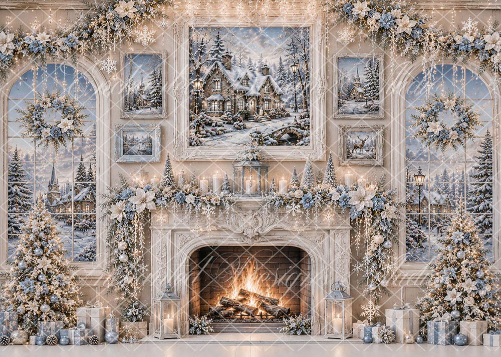 Avezano Blue White Winter Christmas Fireplace Backdrop Designed By Enchanted Design Studio