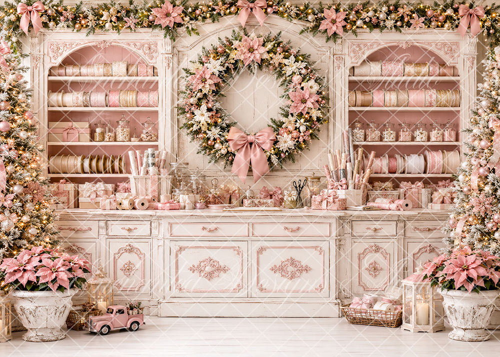 Avezano Pink Christmas Ribbon Shop Backdrop Designed By Enchanted Design Studio