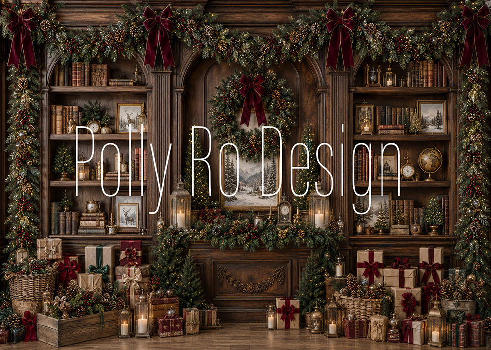 Avezano Vintage Wood Christmas Library Photography Backdrop Designed By Polly Ro Design