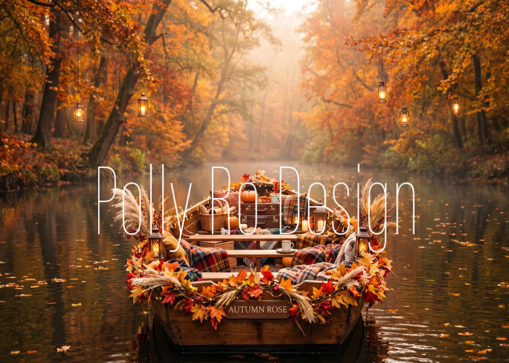 Avezano Autumn Forest River Boat Photography Backdrop Designed By Polly Ro Design