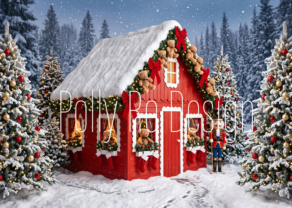 Avezano Snowy Red Christmas Cabin Photography Backdrop Designed By Polly Ro Design