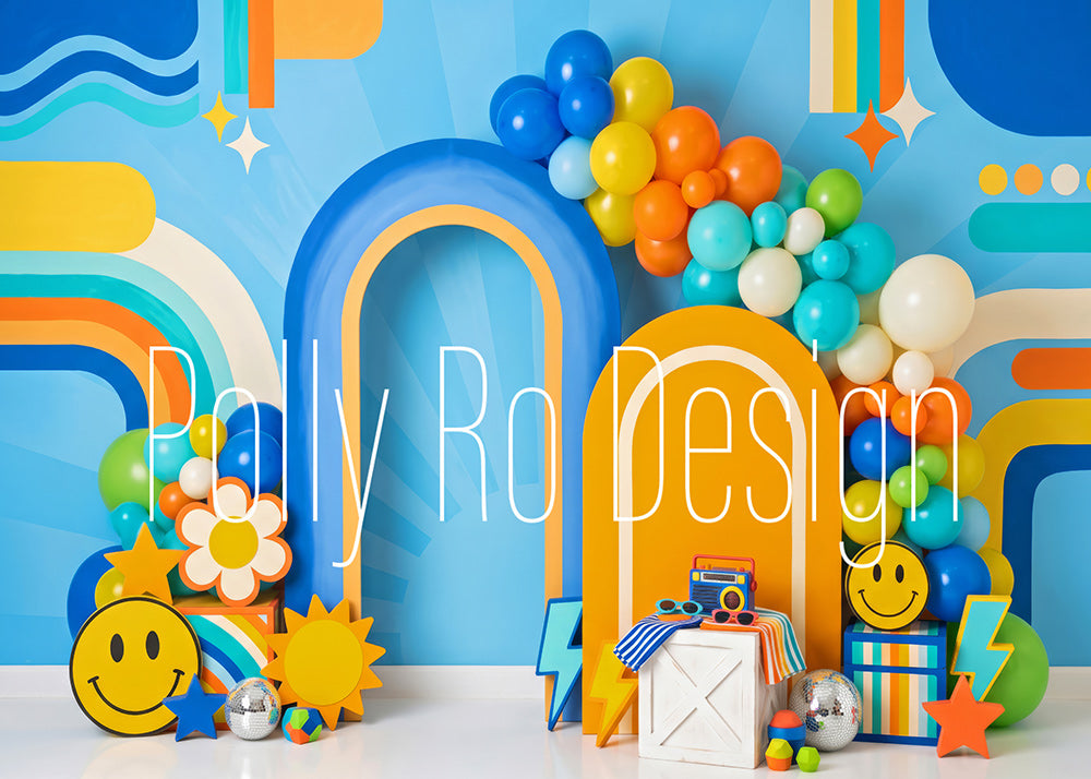 Avezano Retro Blue Orange Smiley Balloon Party Photography Backdrop Designed By Polly Ro Design