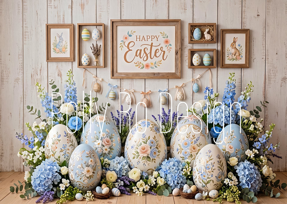 Avezano Farmhouse Blue Floral Easter Egg Bunny Photography Backdrop Designed By Polly Ro Design