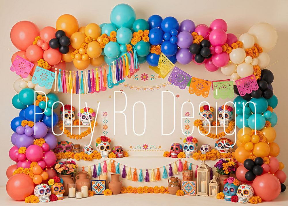 Avezano Bright Day of The Dead Balloon Garland Photography Backdrop Designed By Polly Ro Design