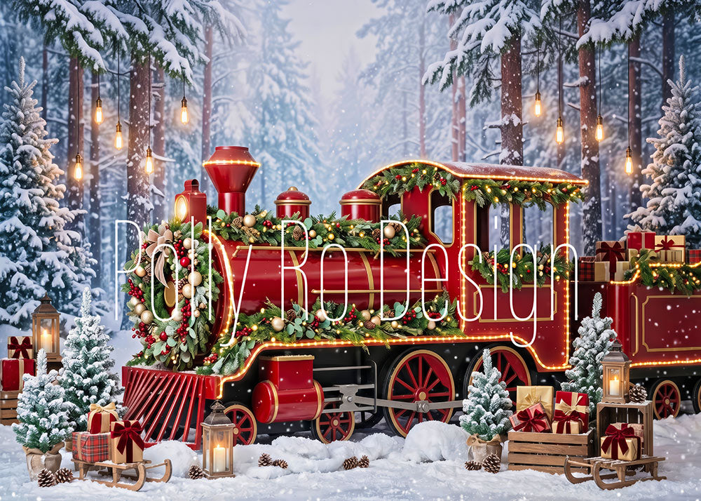 Avezano Snowy Forest Red Christmas Train Photography Backdrop Designed By Polly Ro Design