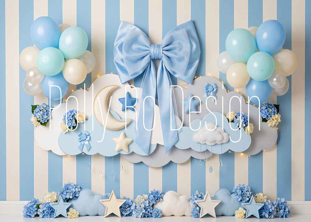 Avezano Blue Bow Moon Cloud Baby Shower Photography Backdrop Designed By Polly Ro Design